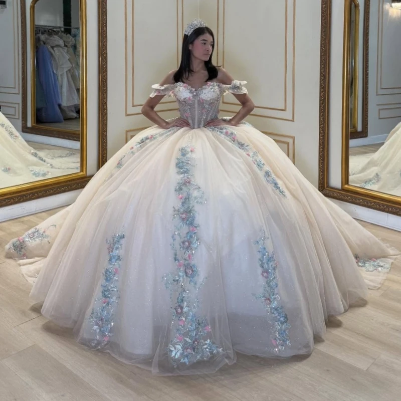 

Light Champagne Shiny Quinceanera Dresses Off The Shoulder Sequin Applique Flower Beading Tull Corset Party Birthday Sweet 16