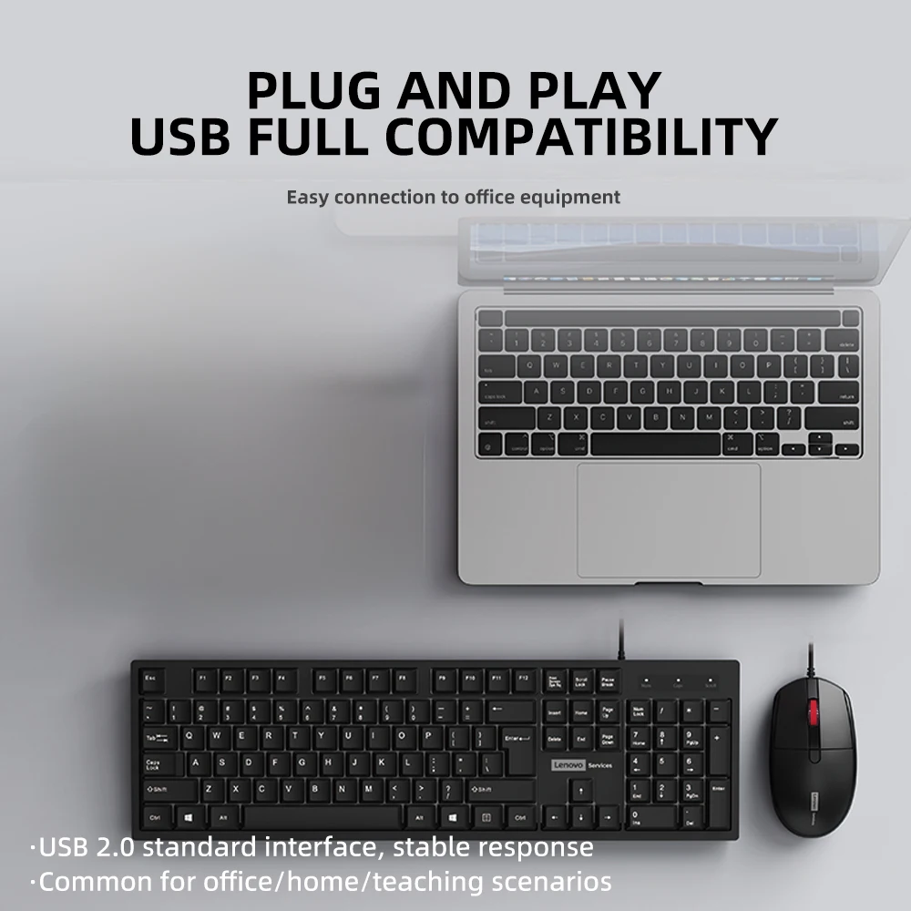 Lenovo KM280 Wired Keyboard Mouse Combination Full-size Low Noise Keyboards 1200DPI Mouse 2-in-1 for Computer Office Accessories