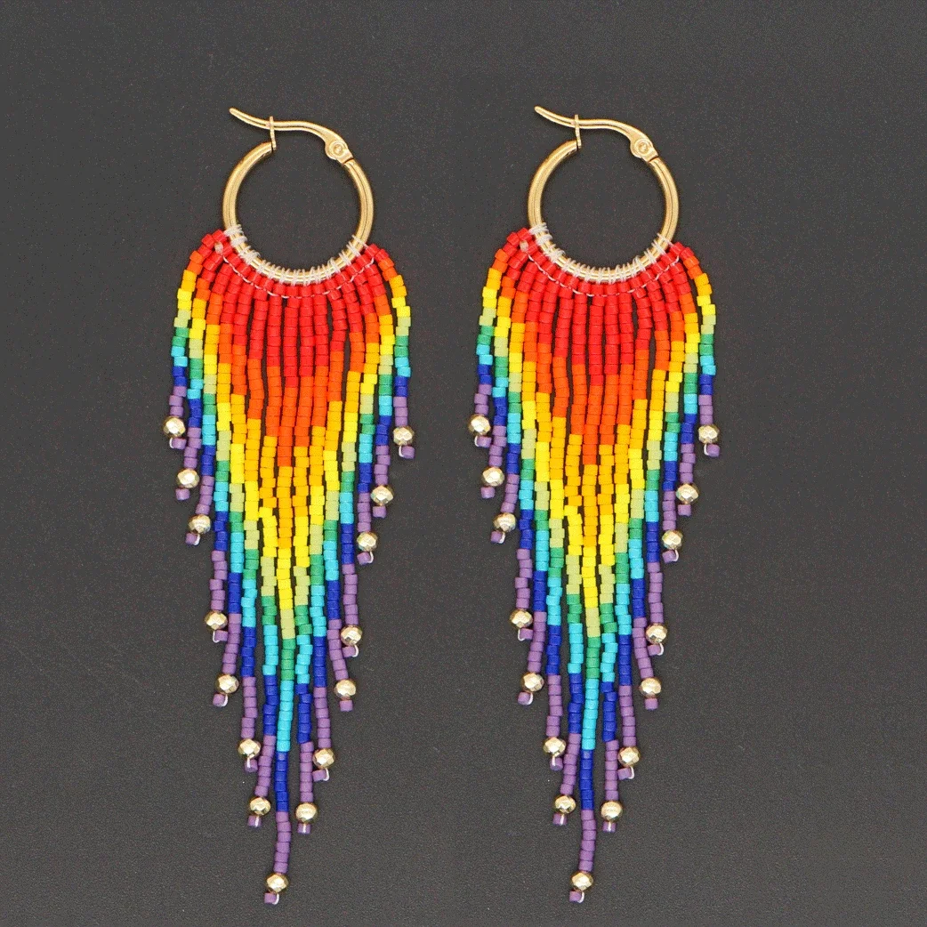 Fringe Earrings  Hand knitting  iridescent cloud  Flamingo  Gradient  rainbow  Swallow tail  Bohemia  geometry  alloy  Rice Bead