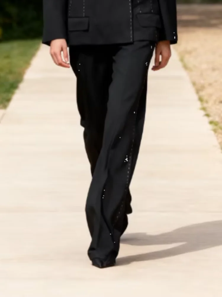 캐주얼 라인 블레이저 코트 팬츠 세트 여성용 라펠 긴 소매 더블 브레스티드 블레이저 와이드 레그 롱 트라우저 여성 의상 2025 가을