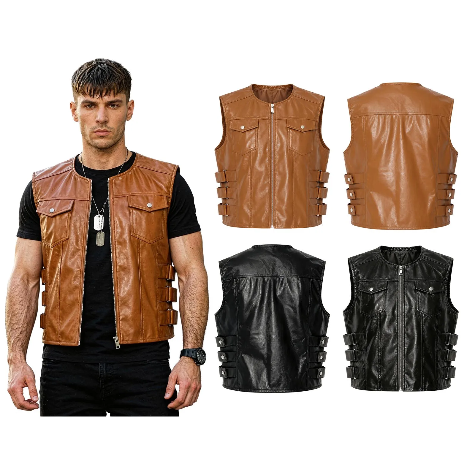 Men Leather Moto Jacket Vest Side Button Straps Zip Sleeveless Jacket for Motorcycling Leather Coat Spring Motorcycle Clubwear
