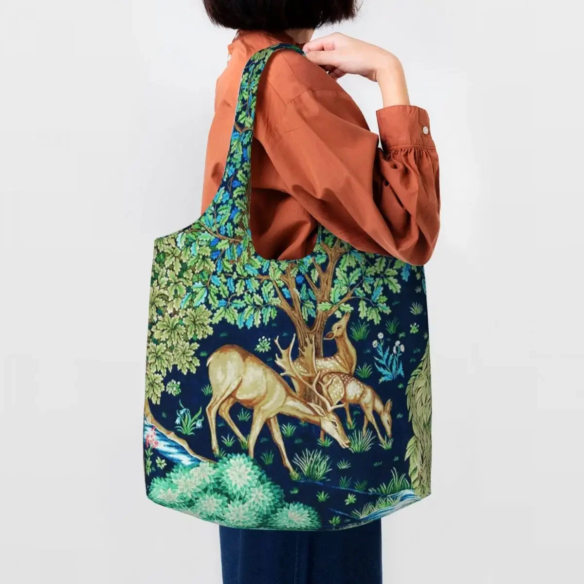 

Custom Forest Animals William Morris Deer Shopping Bag Women Canvas Shoulder Tote Bag Durable Groceries Shopper Bags Handbag