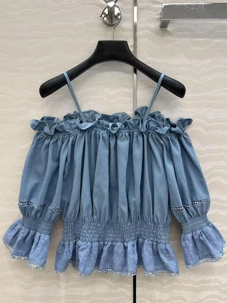 

Summer Lace Patchwork Elastic Slash Neck Off Shoulder Straps Puff Sleeve Cropped Ruffles Blouse 2025 New Beach Style Sweet Tops