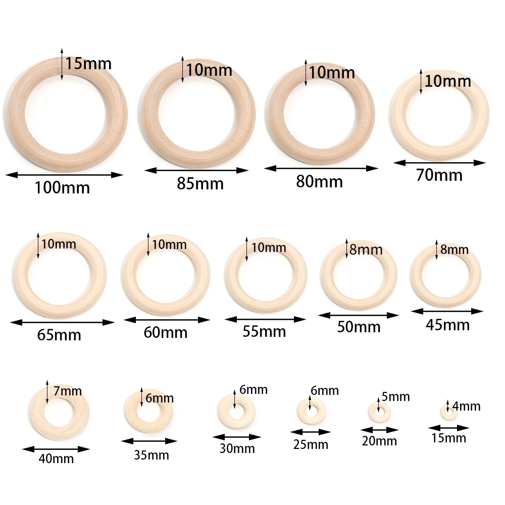 15-100mm Natürliche Holzringe, Unbehandelte Massivholz-Beißringe für DIY-Bastelarbeiten, Holzreifen, Ornamente, Verbindungsstücke, Makramee-Zubehör – Detail 1