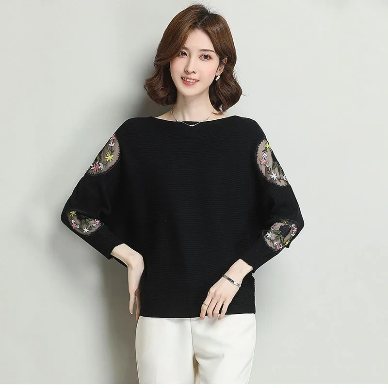 Women Autumn Bat Wing Sleeve Knitted Pullover Causal Loose Female Slash neck Pull Jumpers  Korea Tops Sueter mujer