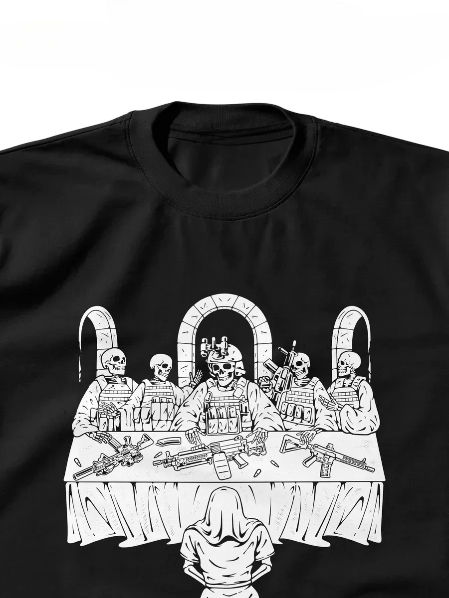 Men Tactical Skeleton Last Supper Graphic T Shirt Gun Soldier Skull Print Short Sleeve Cotton Casual Streetwear Tee