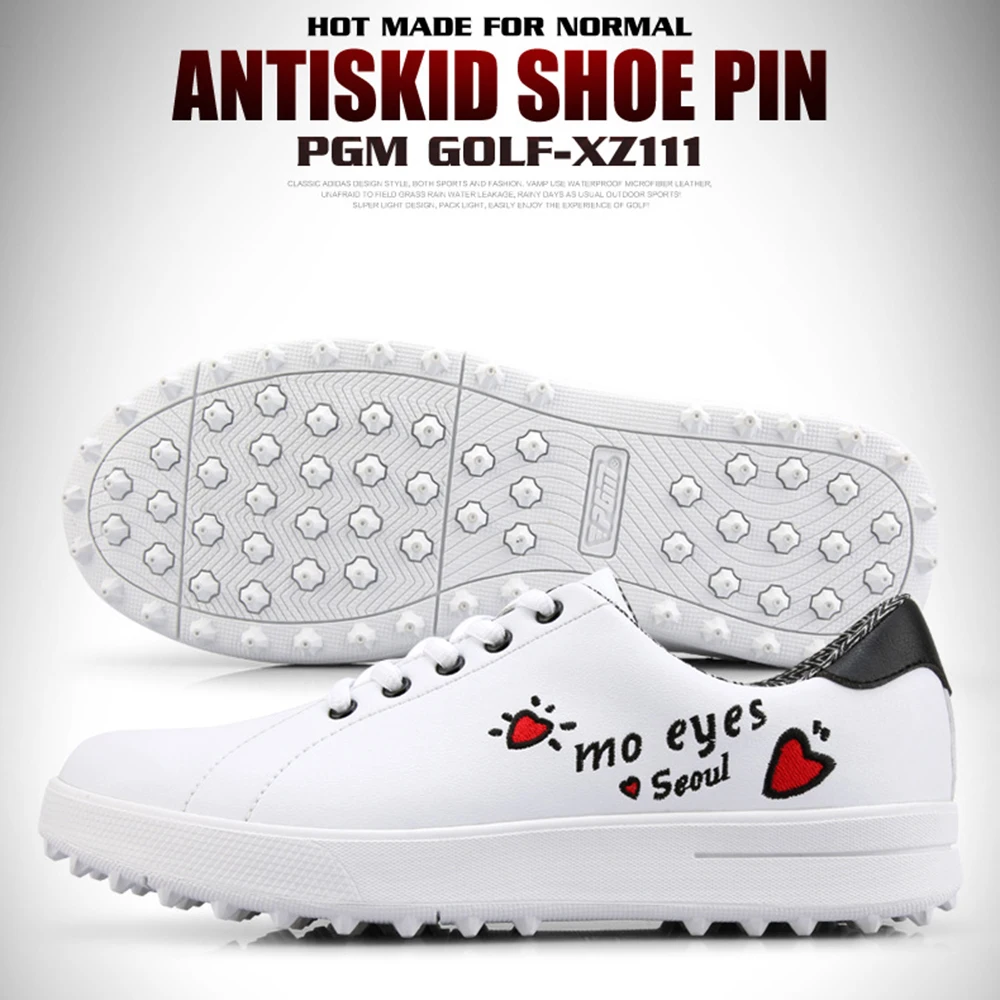 PGM Women's Letter Embroidery Golf Shoes With Fixed Spikes Soft Breathable Causal Sports Sneaker Versatile Little White Shoes