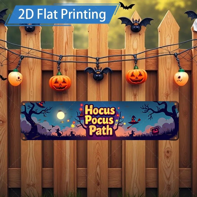Letrero de metal de 1 pieza, letrero de metal con estampado plano "Hocus Pocus Path" de Halloween de 4x16 pulgadas con decoración de calabaza y murciélago