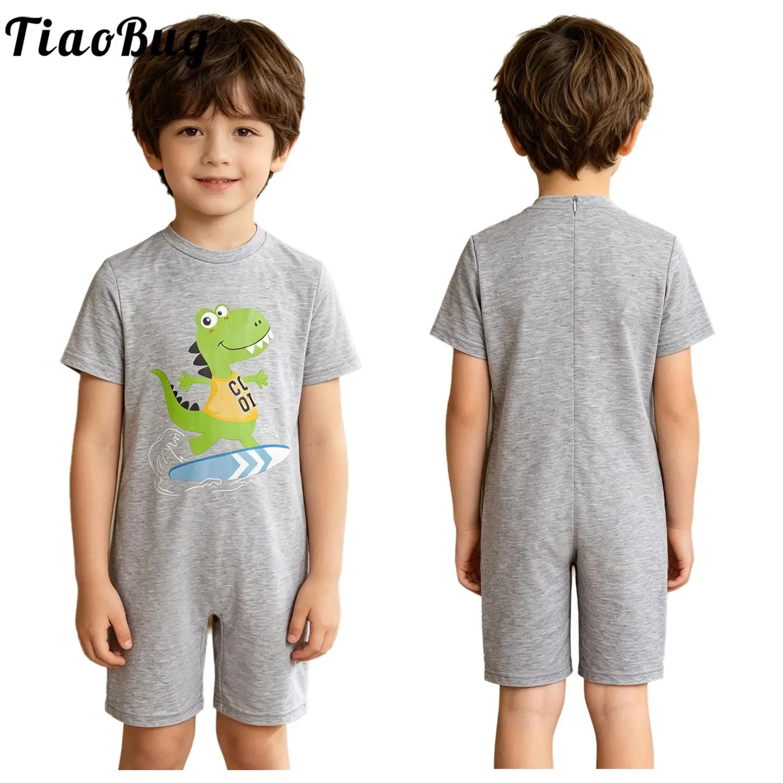 Children boys Special Needs Autism Adaptive Clothing Cartoon Dinosaur Printed Jumpsuit Short Sleeve Zipper Anti-Strip Rompers