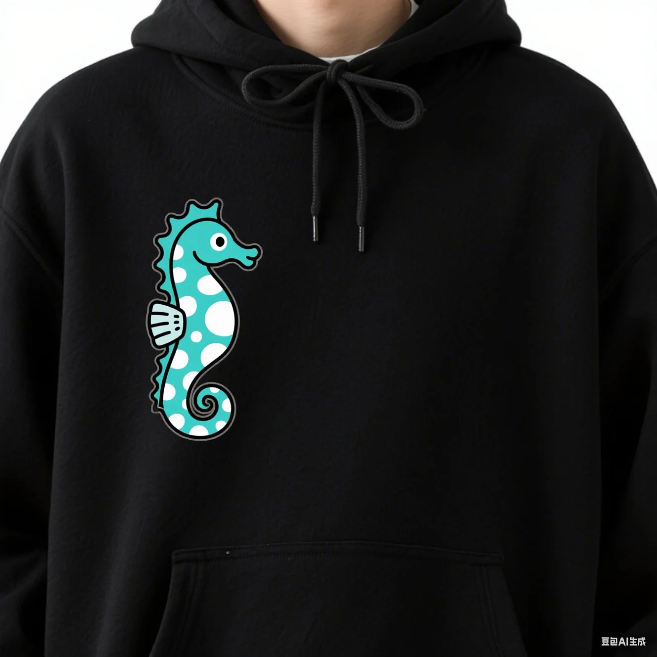 سويت شيرت بغطاء للرأس عالي التحمل 330G مع طباعة فرس البحر المستقيمة باللون الأسود والأبيض ونمط سحري فريد من نوعه