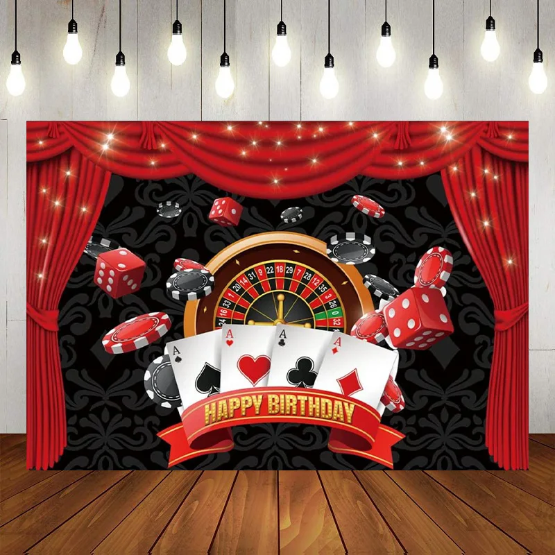 Casino Poker Dice Red Curtain Happy Birthday Party Backdrop Photography Background Las Vegas Gold Glitter Banner Decor Photo