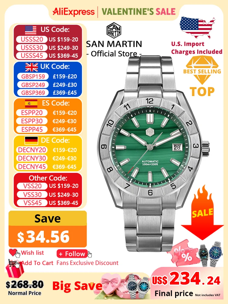 

San Martin New 42mm Peacock Gemstone Dial NH35 Luxury Men Watch Automatic Mechanical Sapphire 100M Waterproof Luminous SN0130