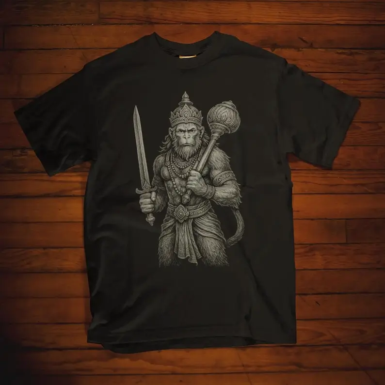 Hanuman Warrior T-Shirt, Fierce Monkey God Design, Hindu Strength Tee Devotional Fighters & Spiritual Warriors T-shirt