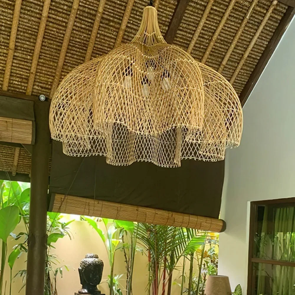 Lampu gantung rotan, lampu liontin buatan tangan gaya Nordic untuk kamar tidur ruang tamu Hotel kelopak lampu liontin rotan