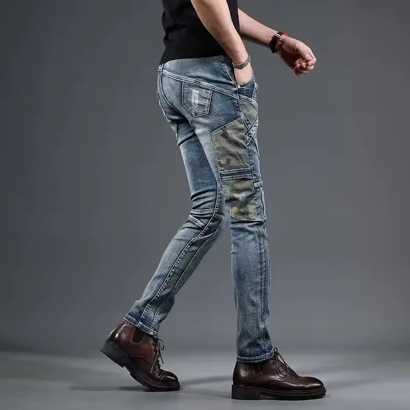 2025 الرجال طحن الجينز الأبيض سليم صالح الجينز الرجال الموضة الكلاسيكية الدنيم نحيل الجينز الذكور الرجال عادية سروال شكل قلم رصاص بنطلون