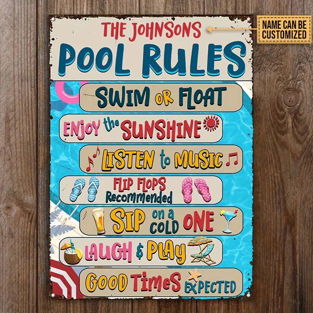 Customizable Iron Pool Rules Sign - Personalized Metal Wall Decor with Sip On Cold One Option, Rustic Vintage Design for Outdoor
