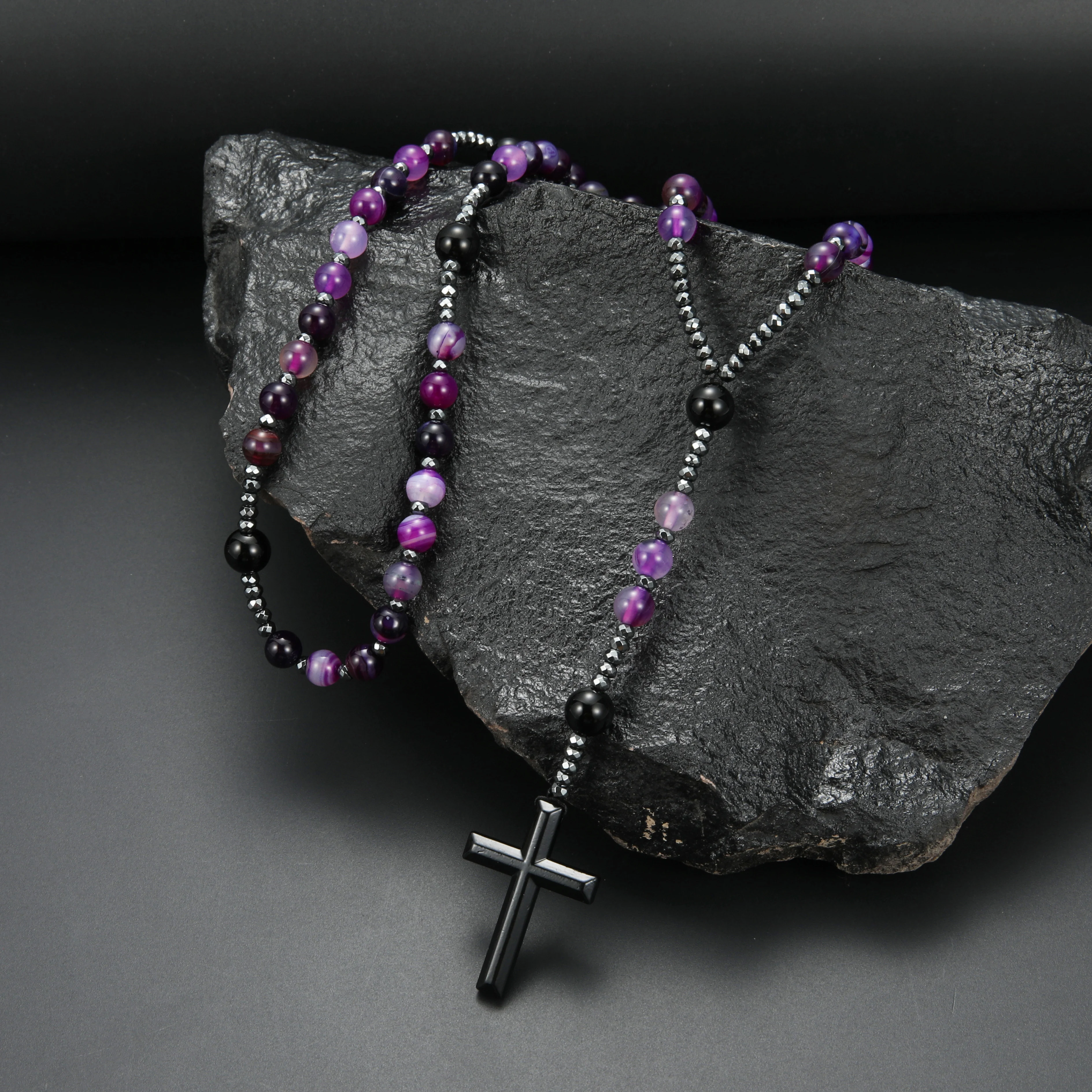 Modischer Edelstein, lila und grün, runde Perlen, Perlen, Kreuz-Anhänger, Rosenkranz-Halskette für Männer und Frauen, Gebetsgeschenk – Detail 1