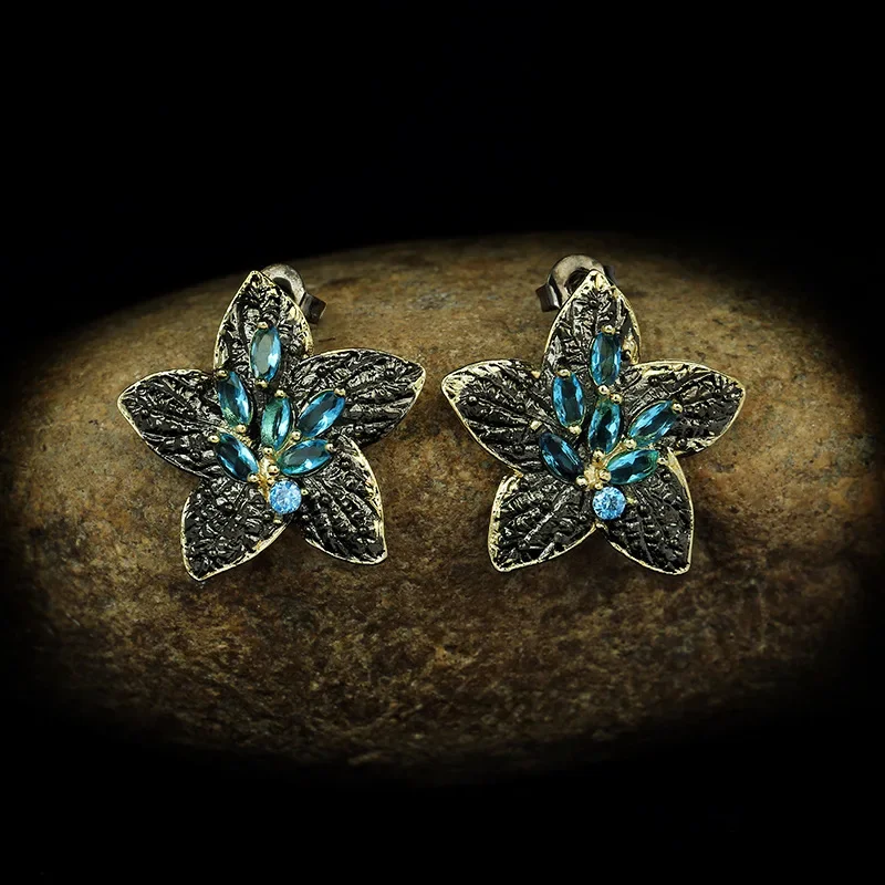 

925 Silver Black Gold Earrings Five-pointed Star Shape Blue Zircon Earrings Women's Fashion Flower Earrings Party Jewelry Gift