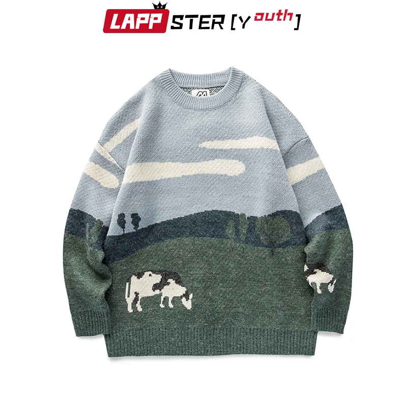 LAPPSTER-suéter de cuello redondo para mujer, ropa informal Harajuku, estilo coreano, Vintage, Kawaii, vacas juveniles, invierno, 2023