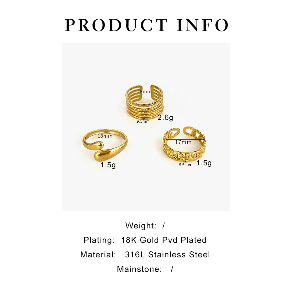 GHIDBK 3pcs Stainless Steel Waterproof Women Rings Multi-layer Metal Texture Geometric Chain Open Ring Fashion Party Jewelry