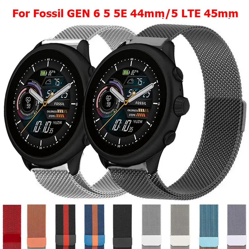 Bucle milanés magnético de 22mm para Fossil Gen 5 Carlyle HR/Julianna/Garrett pulsera de Metal para Fossil GEN 6 5 5E 44mm/5 LTE 45mm