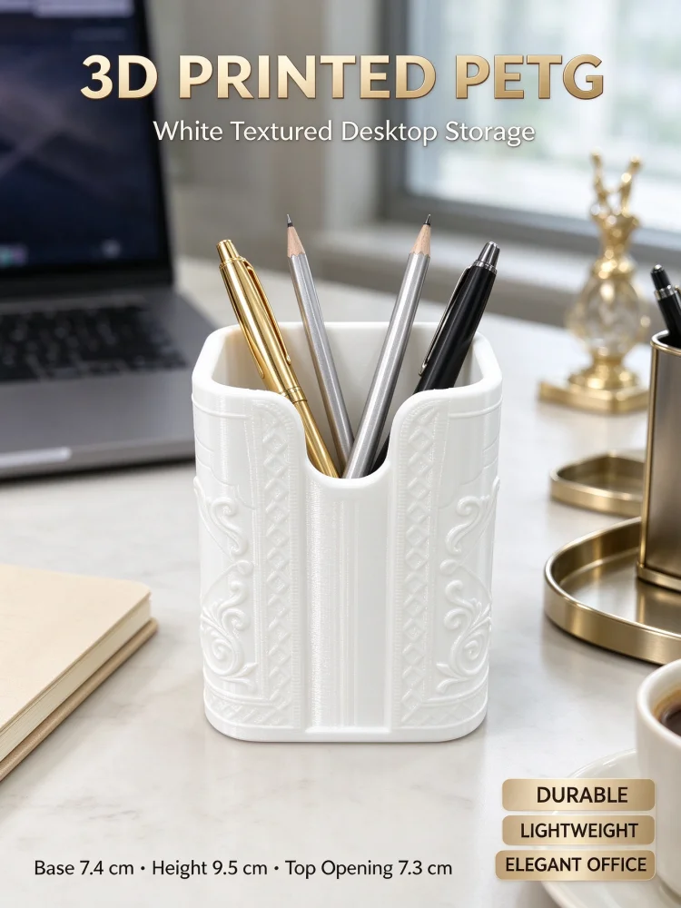 Light Luxury Style White Petg Pen Holder with 3D Printed Embossed Vintage Scrollwork, Elegant and Sophisticated Texture Surface, Square Shape with Notches, Modern Classic Aesthetic Design, Multifunctional Desktop Organizer, Can Hold Stationery, Scissors, Rulers, Makeup Brushes, Durable, Lightweight, Drop-Resistant, Height 9.5cm, Base 7.4cm, Office and Home Storage, Student Desk Stationery Organizer, Dressing Table Beauty Tools Storage
