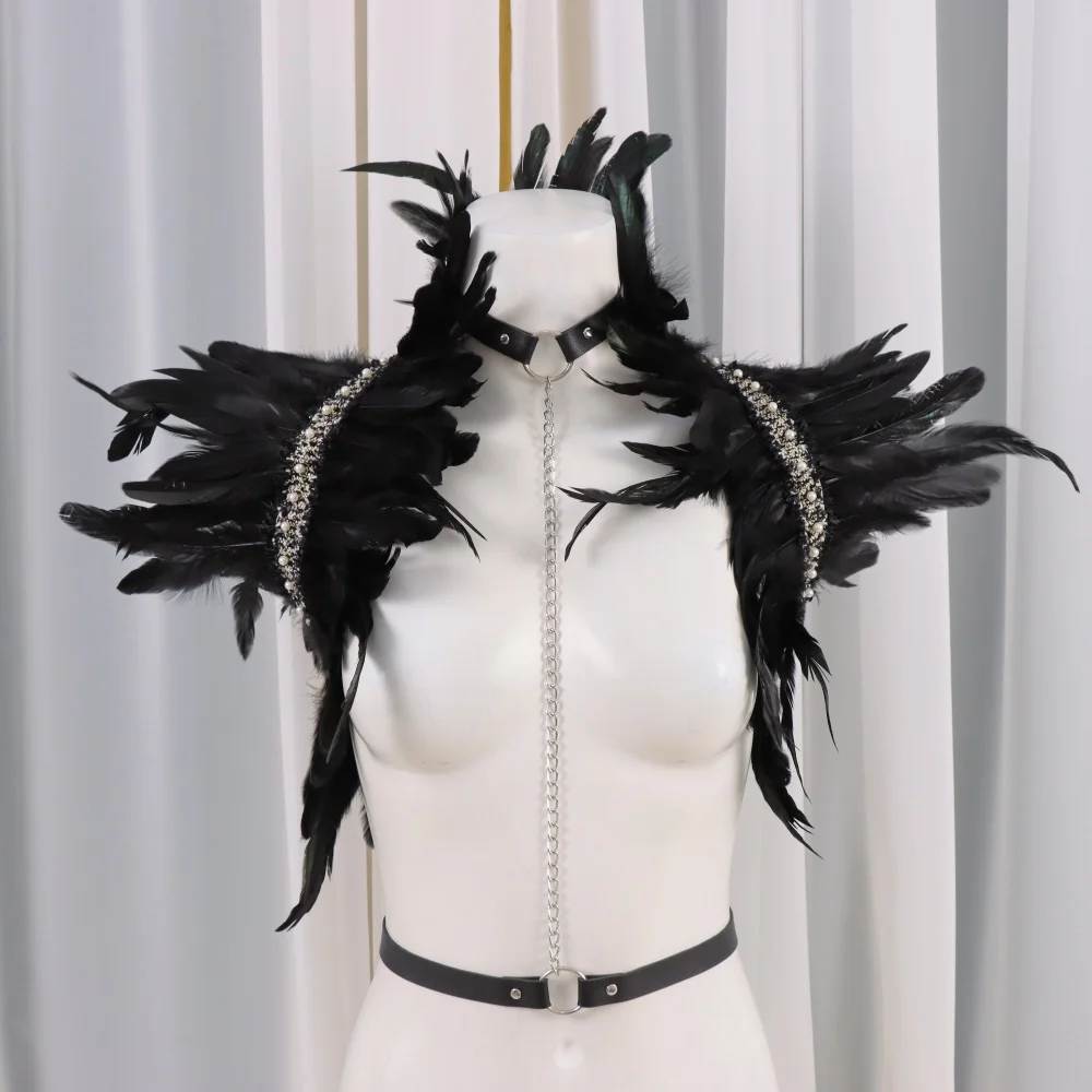 

Gothic Punk Faux Feather Shawl Personalized PU Leather Chest Harness Halloween Christmas Role Play Stage Performance Costume