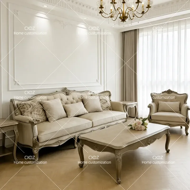 Solid Wood Carved Floral Sofa Luxury Fabric Couch for Living Room Retro Style High End Furniture for Small Apartment