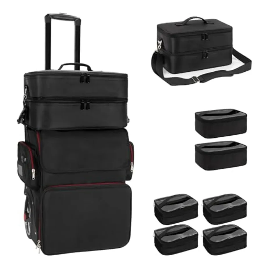 

Large Makeup Train Case with Makeup Travel Bag and 4 Clear Makeup Bags for Hairstylist Hairdresser Bag with Detachable Pouch He