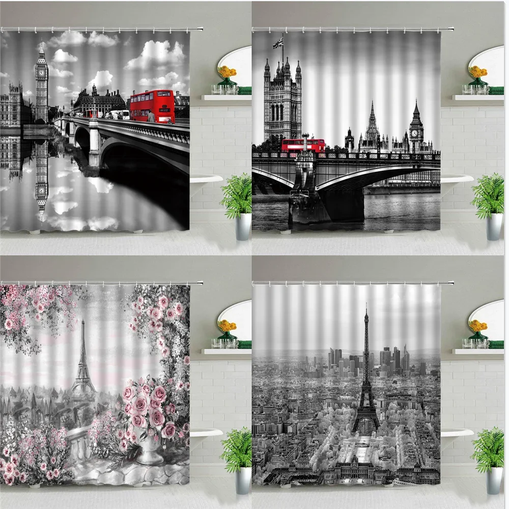 London Big Ben Paris Tower Red Bus Shower Curtain Building Landscape Bathroom Curtains Waterproof Fabric Bath Screen With Hooks