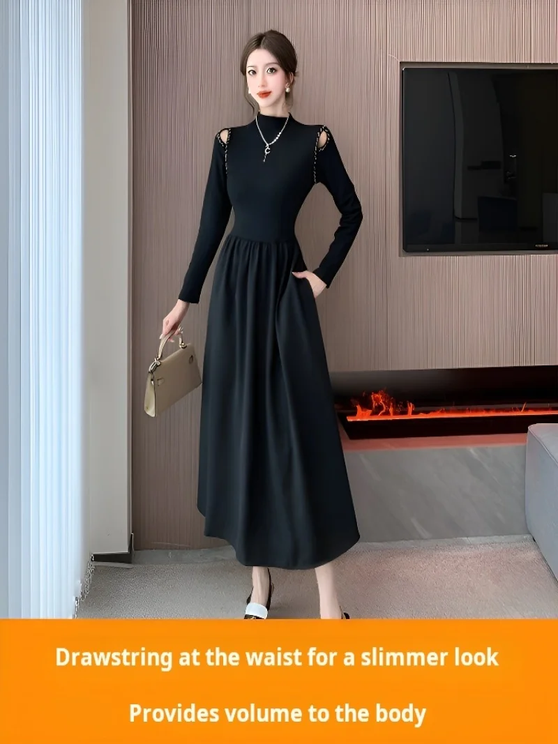 Hepburn style dress elegant brushed longsleeved dress with elegant style underneath