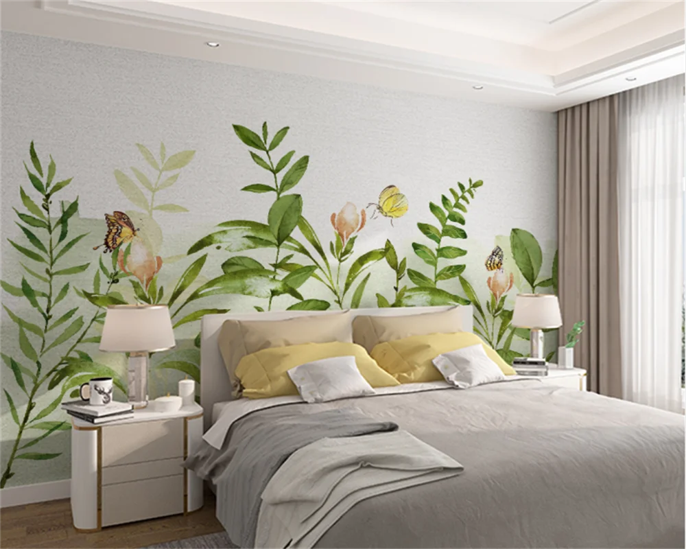 Custom wallpaper Nordic hand-painted small fresh tropical plants living room bedroom sofa background wall home decor mural