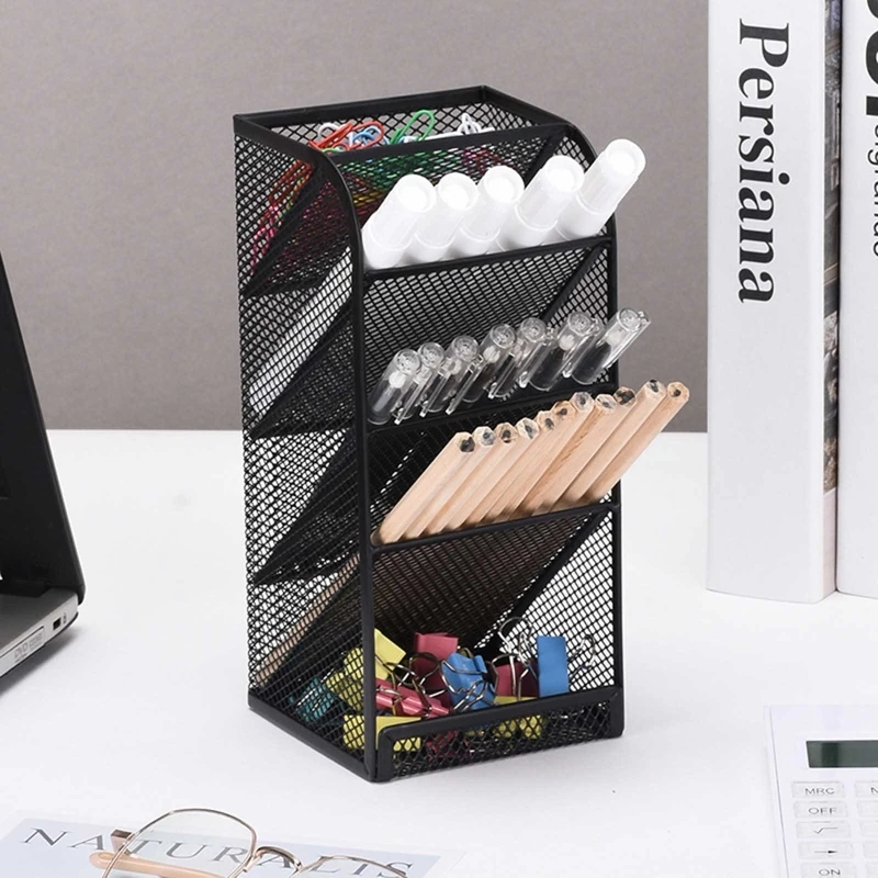 Simple Desk Office Supplies Organizer 4 Slots Pencil Pen Holder Metal for Dresser Vanity Counter Women Men Student Staff