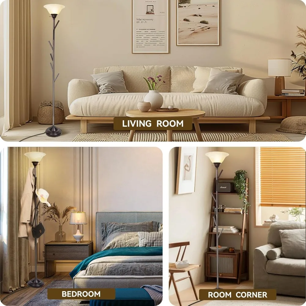 مصباح طويل القامة مع شجرة رف المعطف الدائمة، مصابيح أرضية Torchiere مع 6 خطافات، مصباح رف المعطف خاص لغرفة النوم، Entrywa