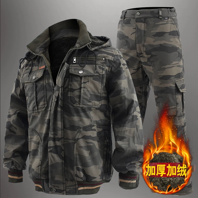 Plush Tactical Men's Sets Thickened Wear-resistant Lapel Work Clothes Outdoor Warmth Cold Resistance Windproof 100% Cotton Suits