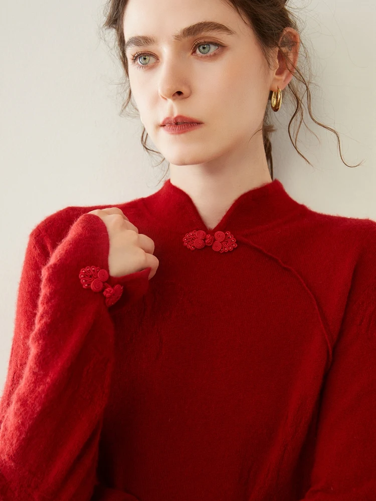 Woman Clothing 100%Cashmere Sweater Soft Warm Autumn Winter Retro Chinese Style Pullover Knitwear Grace  Solid Color Female Tops