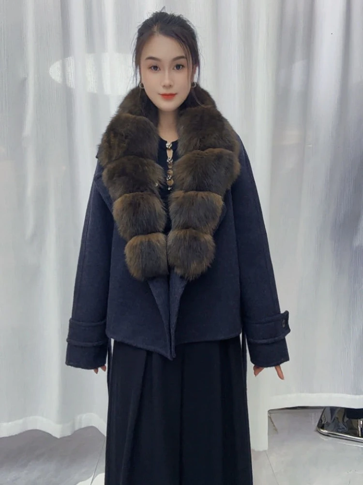 Women Short Double Face Wool Coat Elegant Fur Collar Belted Wrap Overcoat Winter Warm Office Commuting Outerwear for Ladies