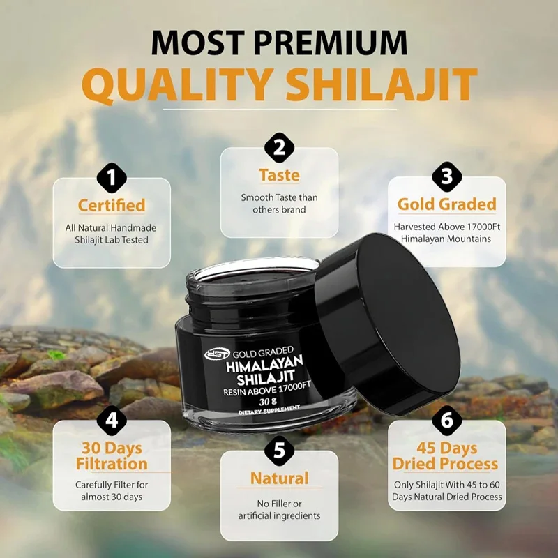 Pure Himalayan Shilajit resin,naturally dried and gold graded with85or more essential minerals,rich in humic acid and humic acid