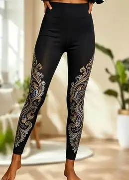 Women's Mid Waist Fleece Lined Leggings Vintage Floral Print Mesh Splicing Slim Fit Stretch Long Pants