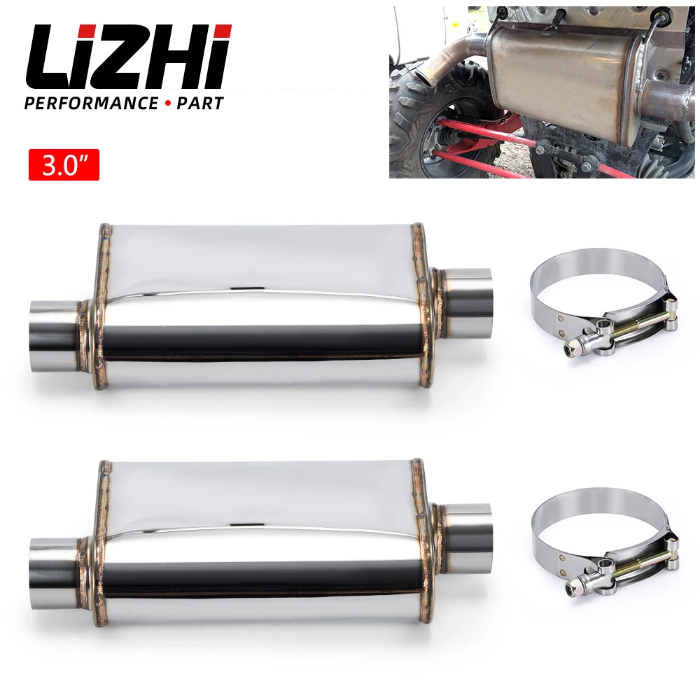 1 Pair 63.5/76mm Stainless Steel Universal Exhaust Mufflers with Clamps Air Inlet Outlet Double Exports Oval 14