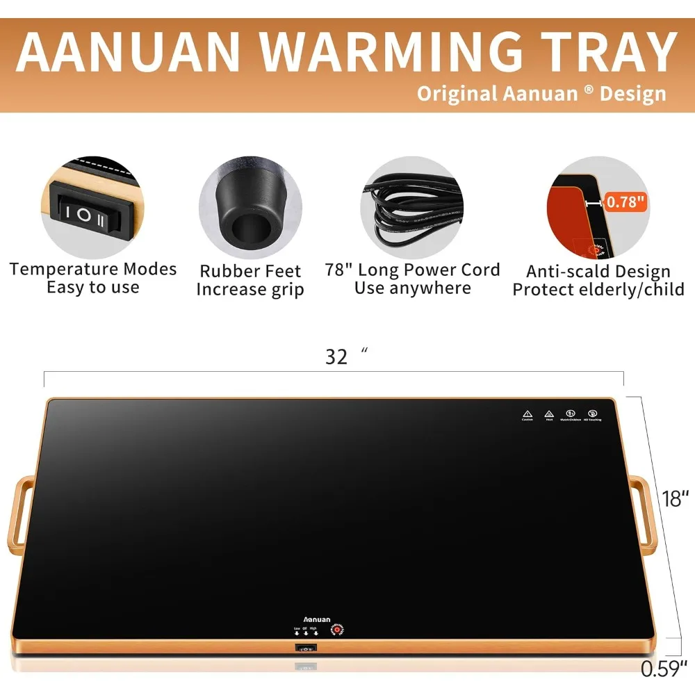 Vassoio per scaldavivande XXL 32x18 con termostato regolabile Scaldavivande per riscaldamento a superficie completa Manici dorati Buffet Party Use Tutti