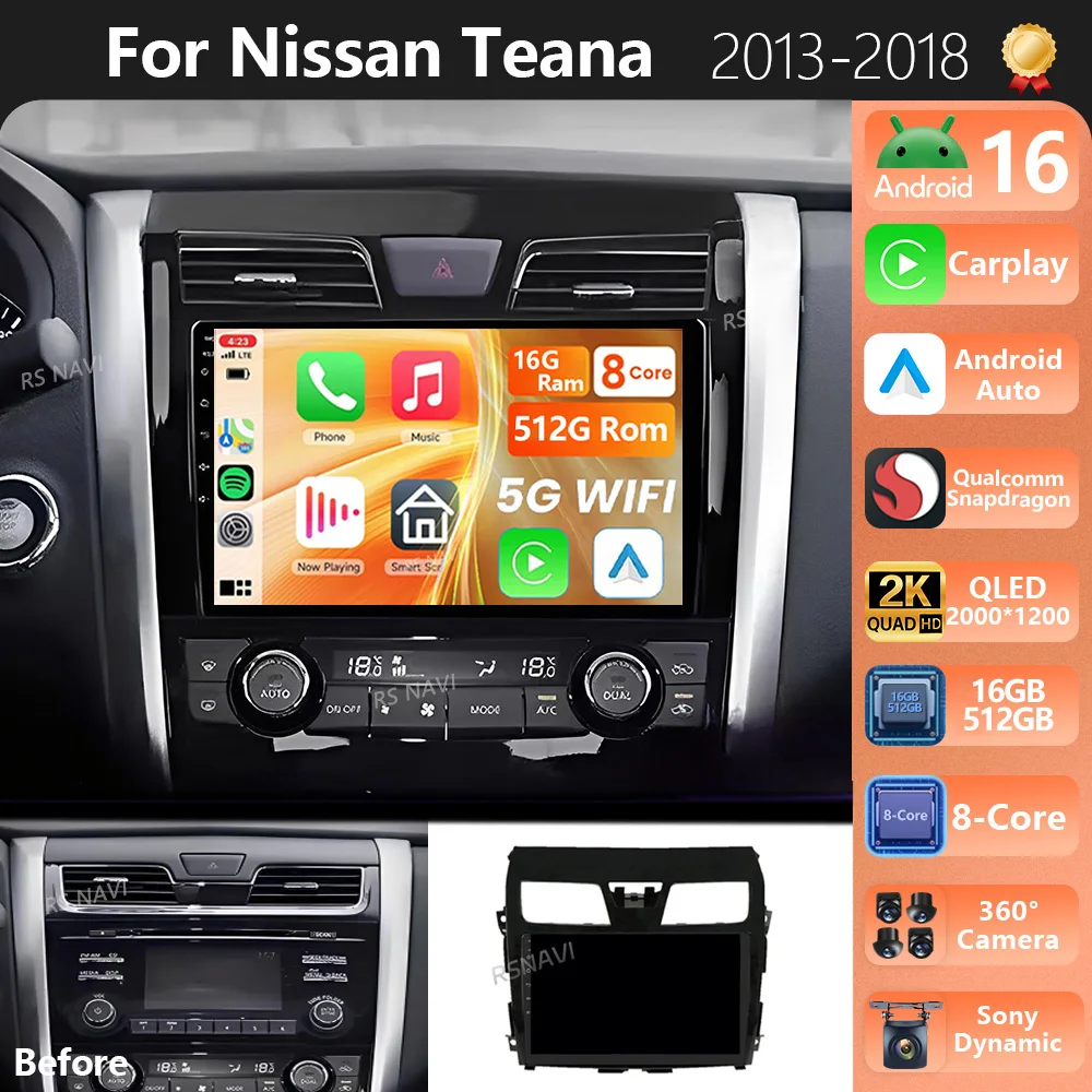 Radio para Auto con Android 16 y Carplay, Plug and Play, para Nissan Teana Altima 2013 2014 2015, Reproductor Multimedia GPS con Video, DSP Estéreo 360