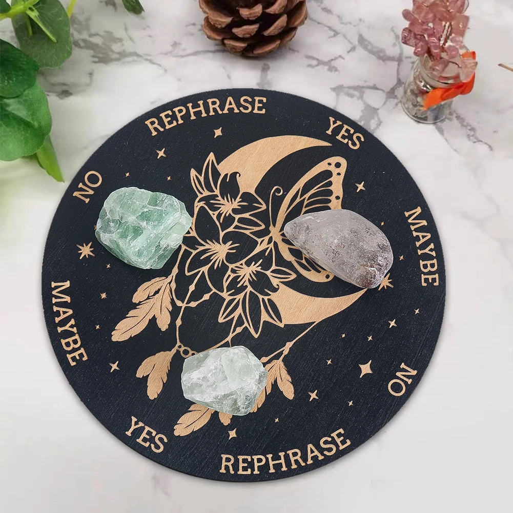 Butterfly Moon Dark Pattern Divination Decision Board Wooden Carving Board Crystal Stone Display Mat Witch Altarpiece