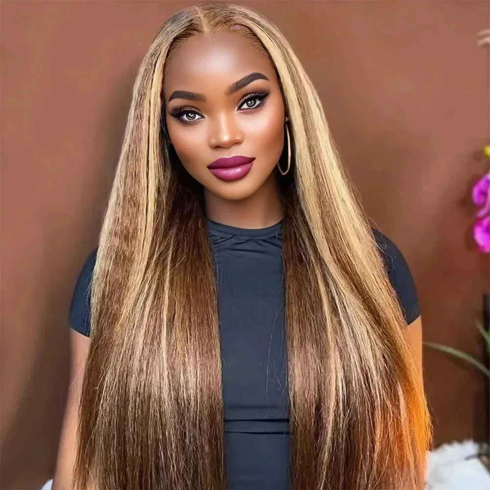 Transparent Kinky Straight Lace Front Wig Pre Plucked Yaki Brazilian Highlight 4/27 13x6 Lace Frontal Human Hair Wig For Women