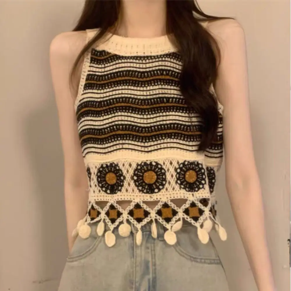 Cotton National Style Knitted Tank Top Vintage Striped Small Vest Sleeveless Tassel Camisole Summer
