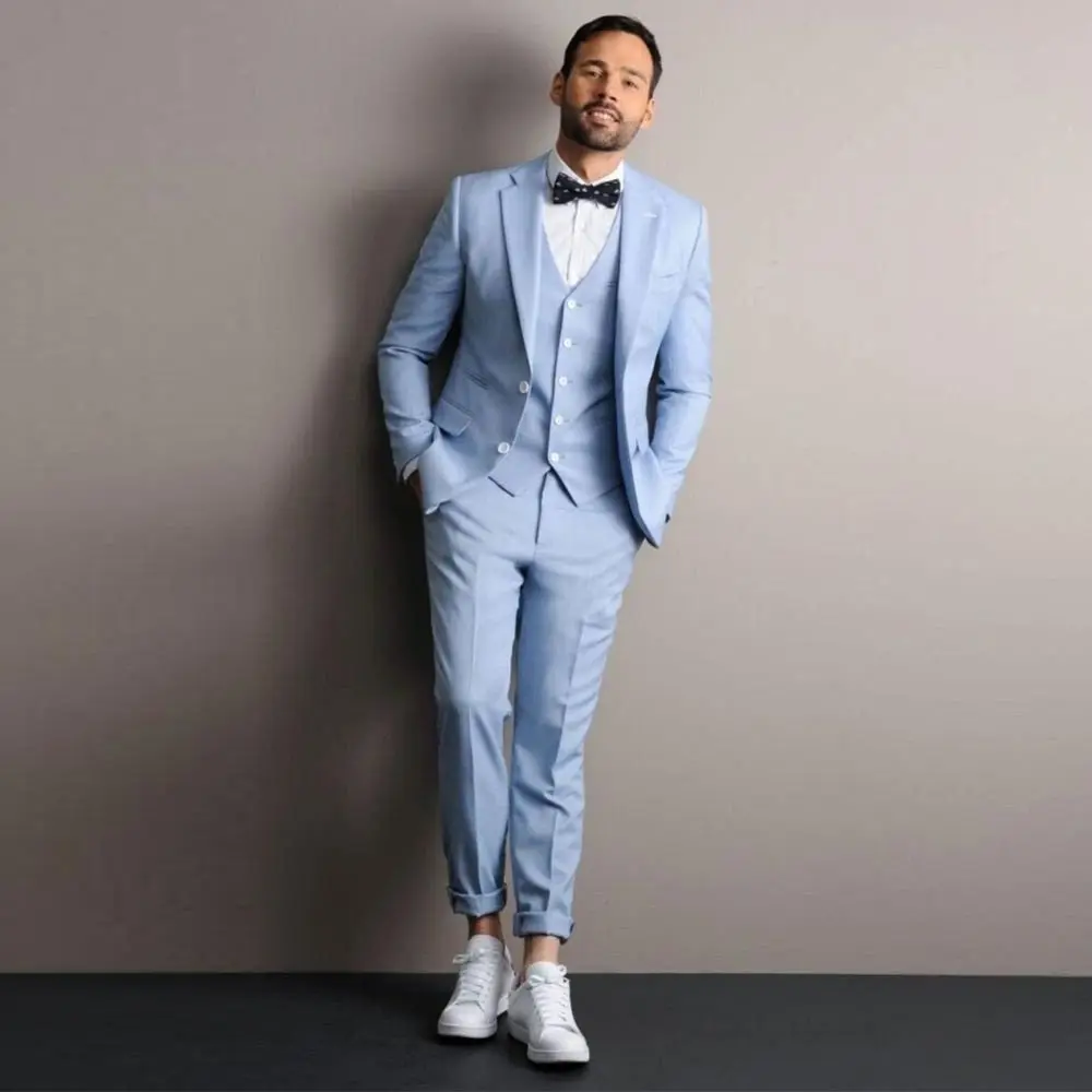 

Light Sky Blue Men's Suit Tailored Male Blazer Sets Formal Tuxedos Jacket Vest And Pants Notched Lapel Wedding Groom Wear