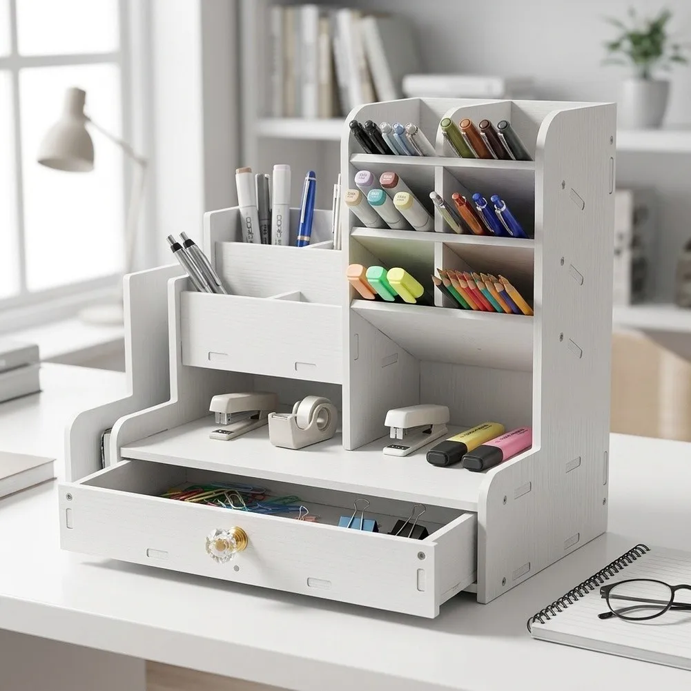 Stable Desktop Stationery Box with Slanted Compartments for Pens Markers Highlighters and Frequently Used Desk Items