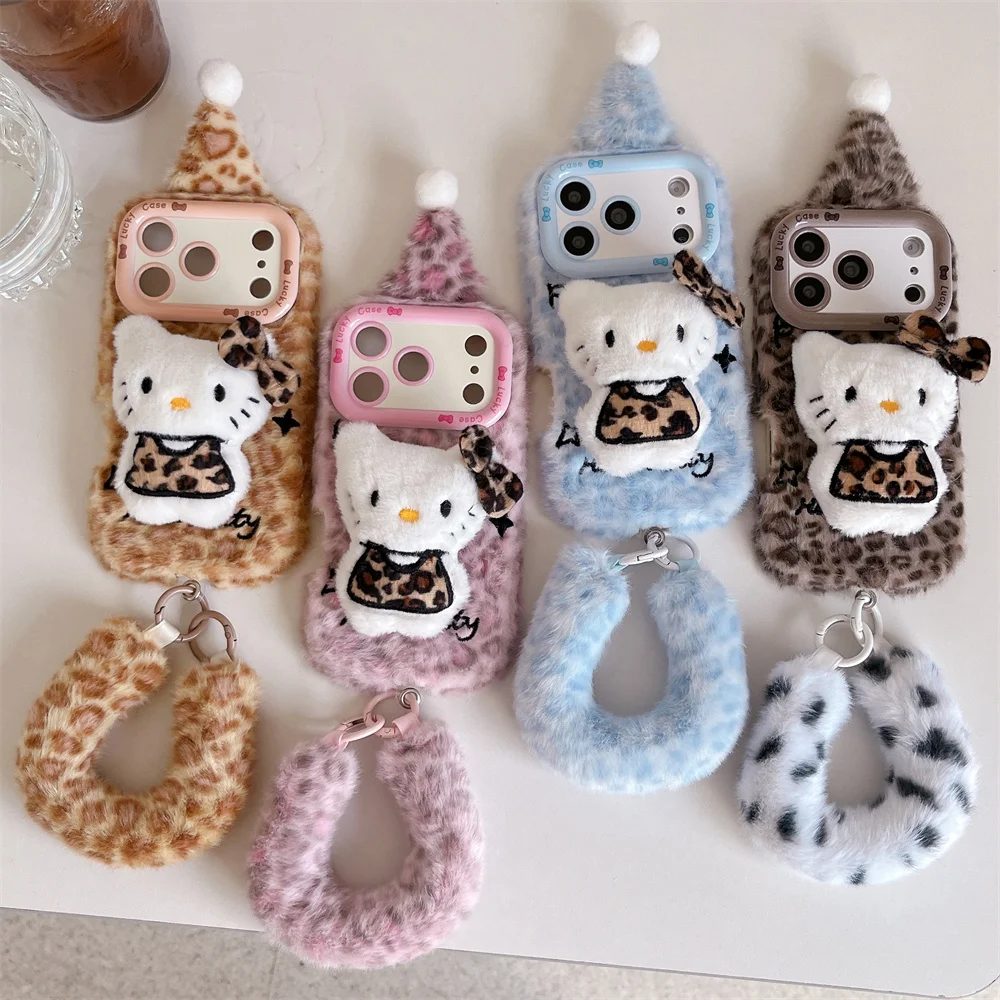 

Cute Leopard Plush 3D ​​Hellokitty Phone Case For iPhone 13 14 15 16 Plus 17 Pro Max Fundas Fluffy Warm Cartoon Protective cov
