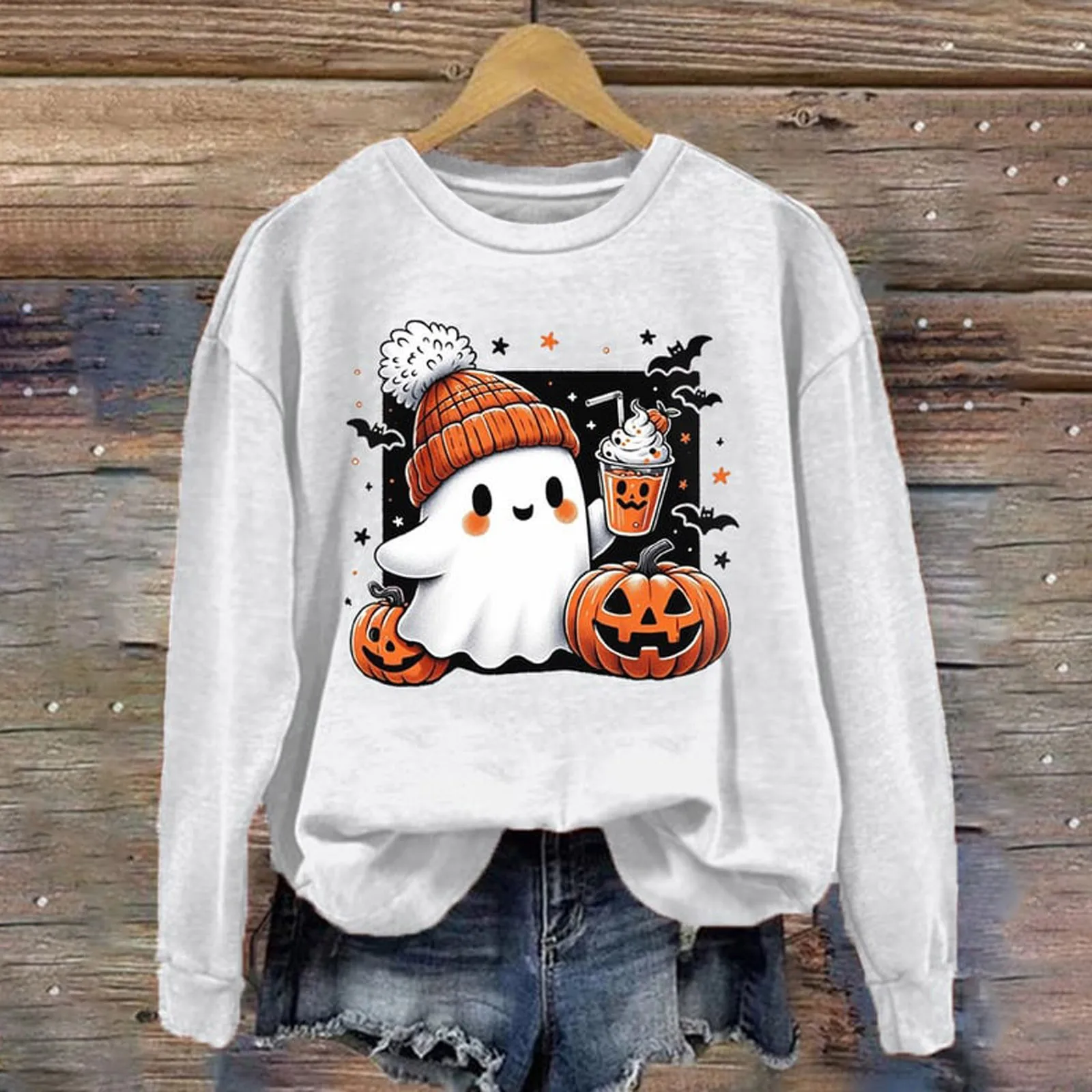 Sudadera con capucha con estampado de calabaza fantasma para mujer, Sudadera con cuello redondo, manga larga, informal, cálido, cómodo