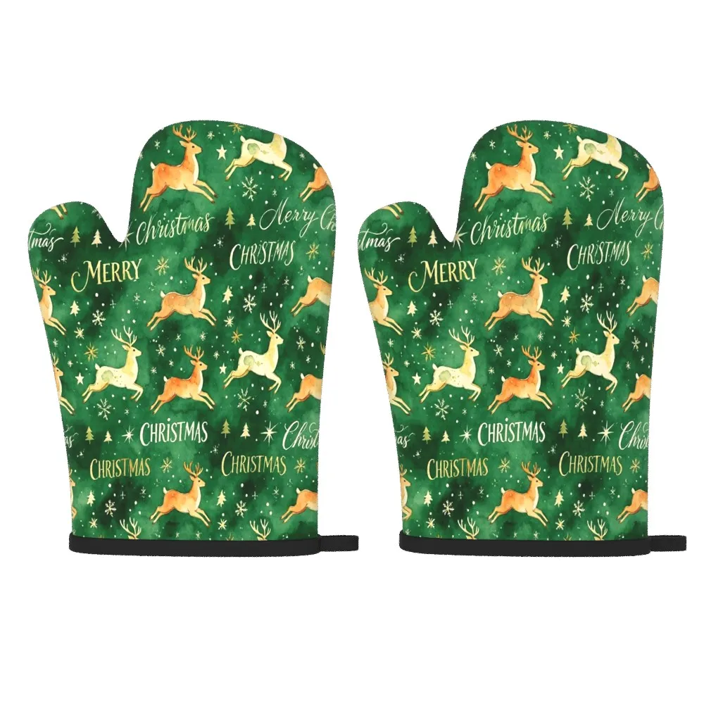 2pcs Set 10.6 X 6.7 Inch Kitchen Oven Mitts, Christmas Green Leaping Deer, Snow Star Silhouette, Snowflake, Star